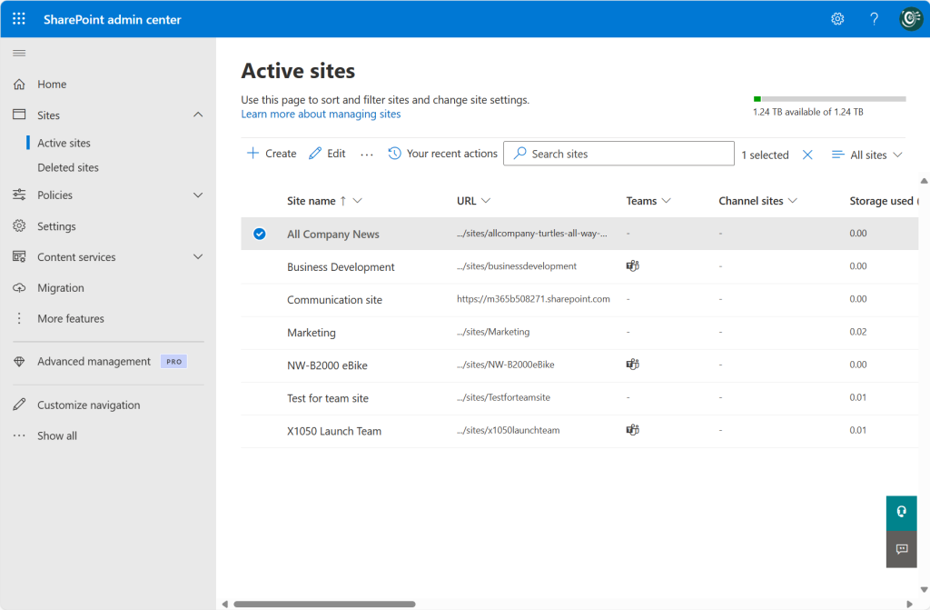 sharepoint admin center active site